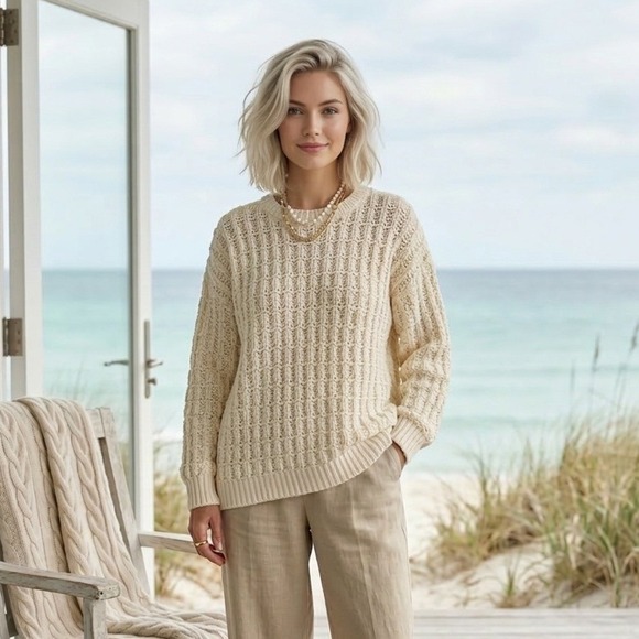 TLC Sweaters - 90s Vintage Lambert Cream Chunky Oversized Cotton‎ Sweater Made in USA L Coastal